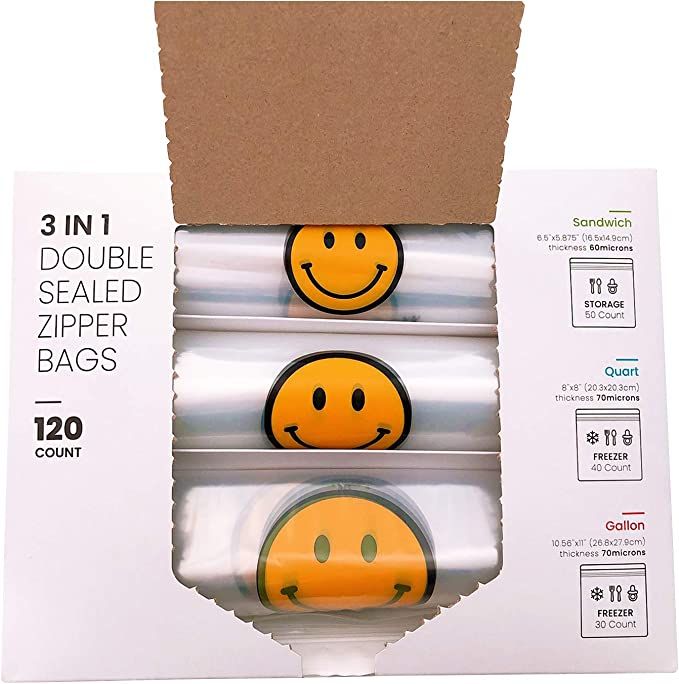 3 in 1 Bulk Double Sealed Reusable Smile Zipper Bags(Total 120 Count) - Storage Sandwich(50 Count... | Amazon (US)