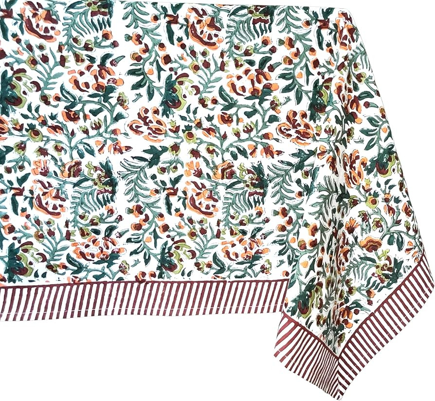 ATOSII Ambrosia Green 100% Cotton Square Fall Tablecloth, Handblock Floral Print Linen Table Clot... | Amazon (US)