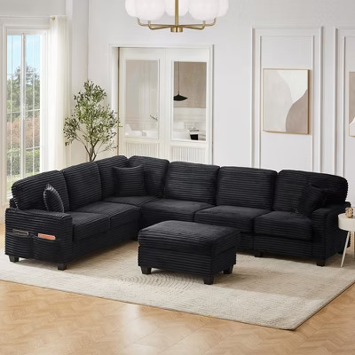 Whisen Corduroy Sectional Sofa with a Movable Ottoman and Side Storage Pockets - Black | Target