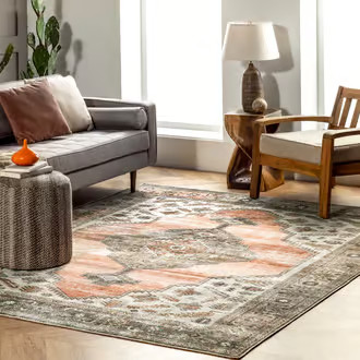 Rugs USA Peach Rain Haven Native Iris Medallion Washable rug - Traditional Rectangle 7' x 9' | Rugs USA