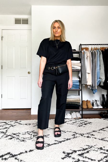 Spring outfit. Spring outfits. Casual outfit. Casual outfits. Basic tee. Black tee. Black linen pants.Black platform sandals. 

Sizing
Tee is a medium.
Pants are a medium.
Sandals run small. Go up a full size.

#LTKstyletip #LTKunder100 #LTKunder50
