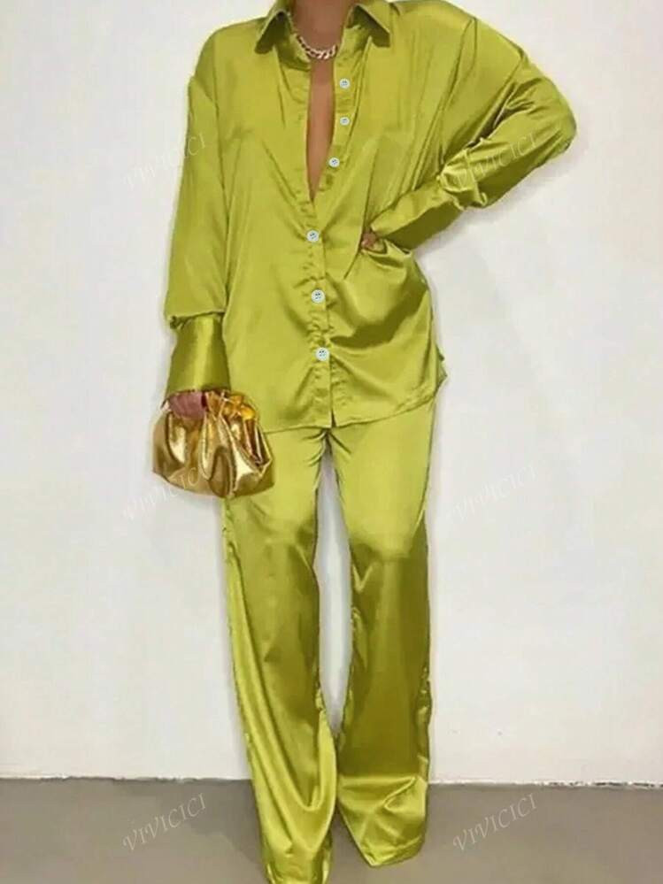 New Women's Long-Sleeved Satin Lapel Shoulder-Sleeved Shirt And Casual Pants Set | SHEIN