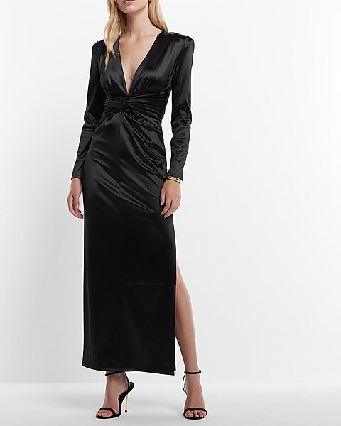 Satin Plunge V-neck Padded Shoulder Twist Front Maxi Dress | Express