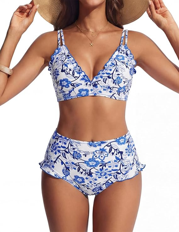Hanna Nikole Women High Waisted Bikini Sets Ruffle, 2 Piece Bathing Suit Tummy Control, Sexy Retr... | Amazon (US)