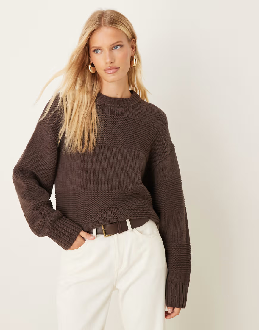 Gina Tricot crew neck textured stripe stitch chunky knitted sweater in brown | ASOS (Global)