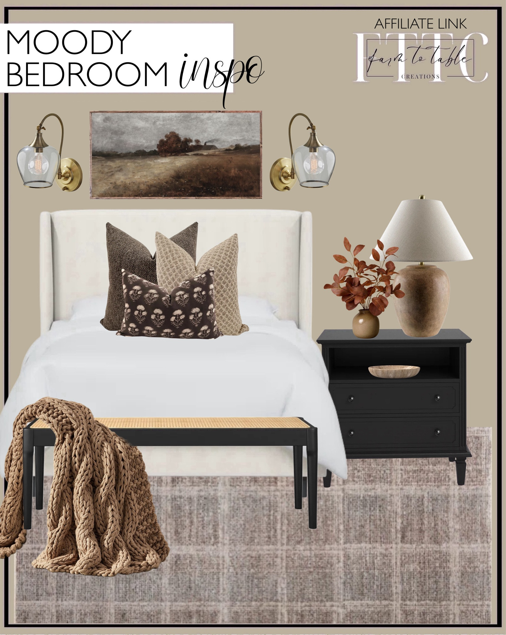 Moody Bedroom Inspo. Follow @farmtotablecreations on Instagram for more inspiration.

Use code FARMTOTABLE for 15% off  framed artwork. Recommended 20x40 over queen size bed.  

Moody Autumn Landscape Canvas. Tilly Upholstered Bed. Ultra-Soft All Season Comforter Set. Loloi Ember Fog / Dove area rug. Amberlyn 2-Drawer Nightstand with Built-In Outlets and Solid Wood Legs. Eustacia Ceramic Table Lamp
Tellis Marble Decorative Bowl 1. Eucalyptus arrangement. Hackner Home Autumn French Press Pillow Cover Set.  Tristen Solid Wood Bench. Colossal Handknit throw. Lucia Hand-Blown Recycled Glass Sconce. 

Fall Bedroom. Moody Bedroom. Fall Bedroom Decor. Cozy Bedroom. Budget Friendly Finds. 



#LTKFindsUnder50 #LTKSaleAlert #LTKHome