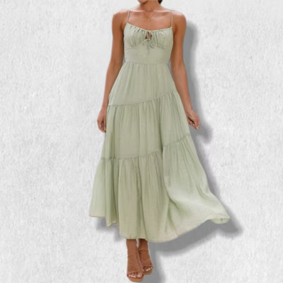 Women's Sling Back Smocked Maxi Dress with Tie Waist and Flowy Skirt, Boho Elegant Summer Dress Green XL | Target