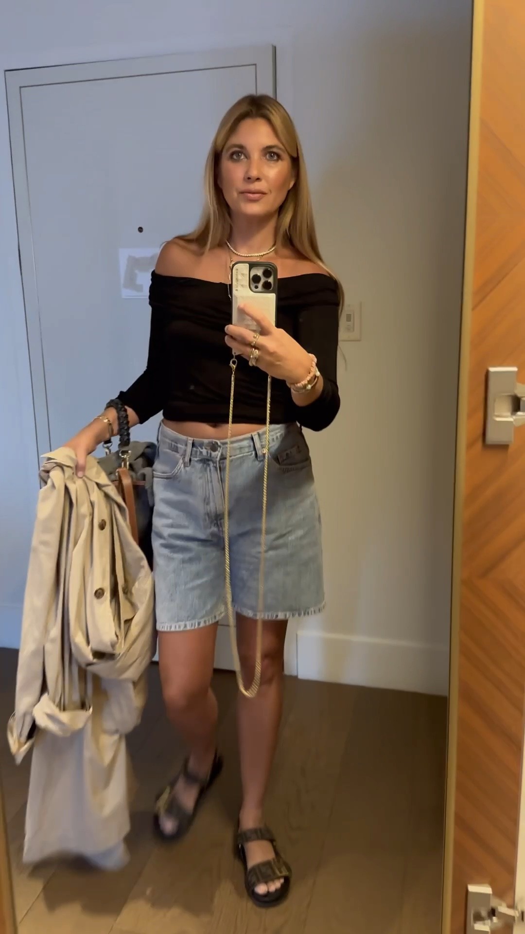 Jean shorts, long jean shorts, off the shoulder top, dad sandals, trench coat 

I am loving the long lines of these shorts (wearing a size 8 for an oversized fit) and this top is a classic and on sale ⚡️
Trench is ultra lightweight and a size S (runs big) 🧥 

#LTKunder100 #LTKbeauty #LTKstyletip