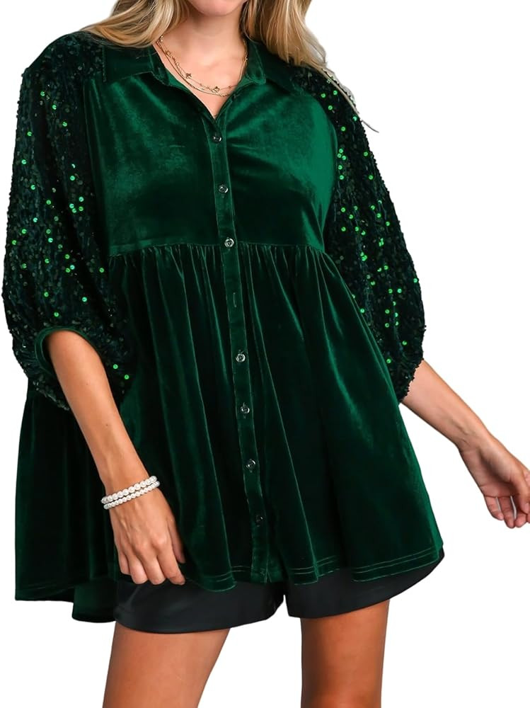Womens Velvet Dress Button Down T Shirt 3/4 Sleeve Tunic Dresses Casual Babydoll Mini Dress | Amazon (US)