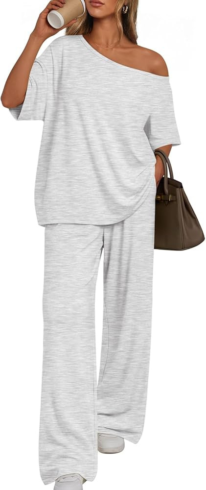 Trendy Queen Womens 2 Piece Lounge Sets Airport Travel Casual Outfits Off Shoulder Oversized Tshi... | Amazon (US)