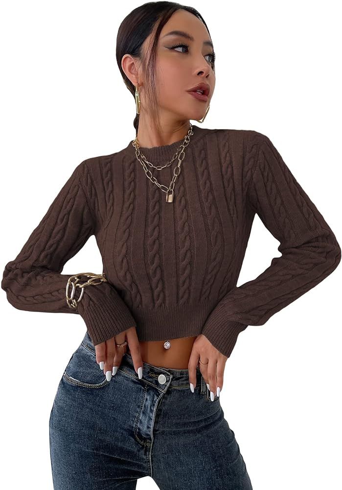 MakeMeChic Women's Slim Fit Long Sleeve Mock Neck Cable Knit Cropped Sweater Pullover | Amazon (US)