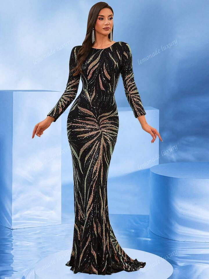 Long Sleeve Floor Length Sequin Backless Evening Gown Dress, Black, Elegant Formal Prom Dress, Fo... | SHEIN