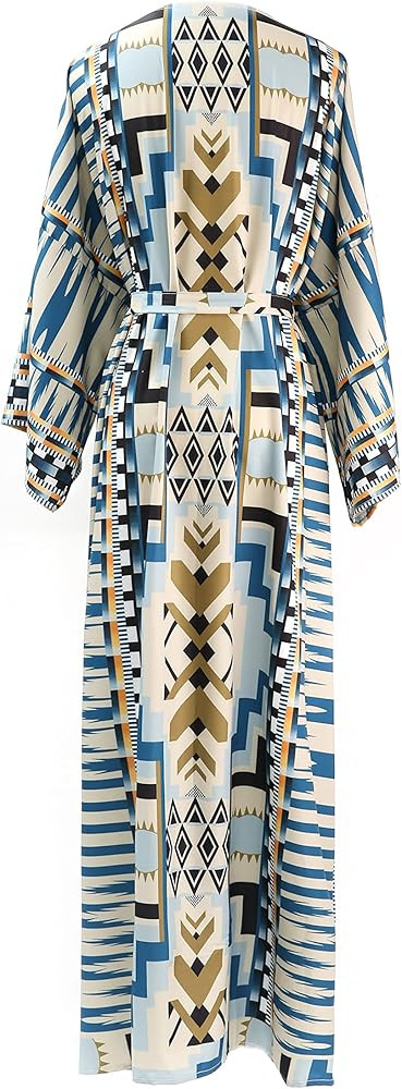 Generic Women's Blue Print Beach Cover Up, Silk Kimono Long Robe, Boho Tulum Beach Cover Up, Tulu... | Amazon (US)