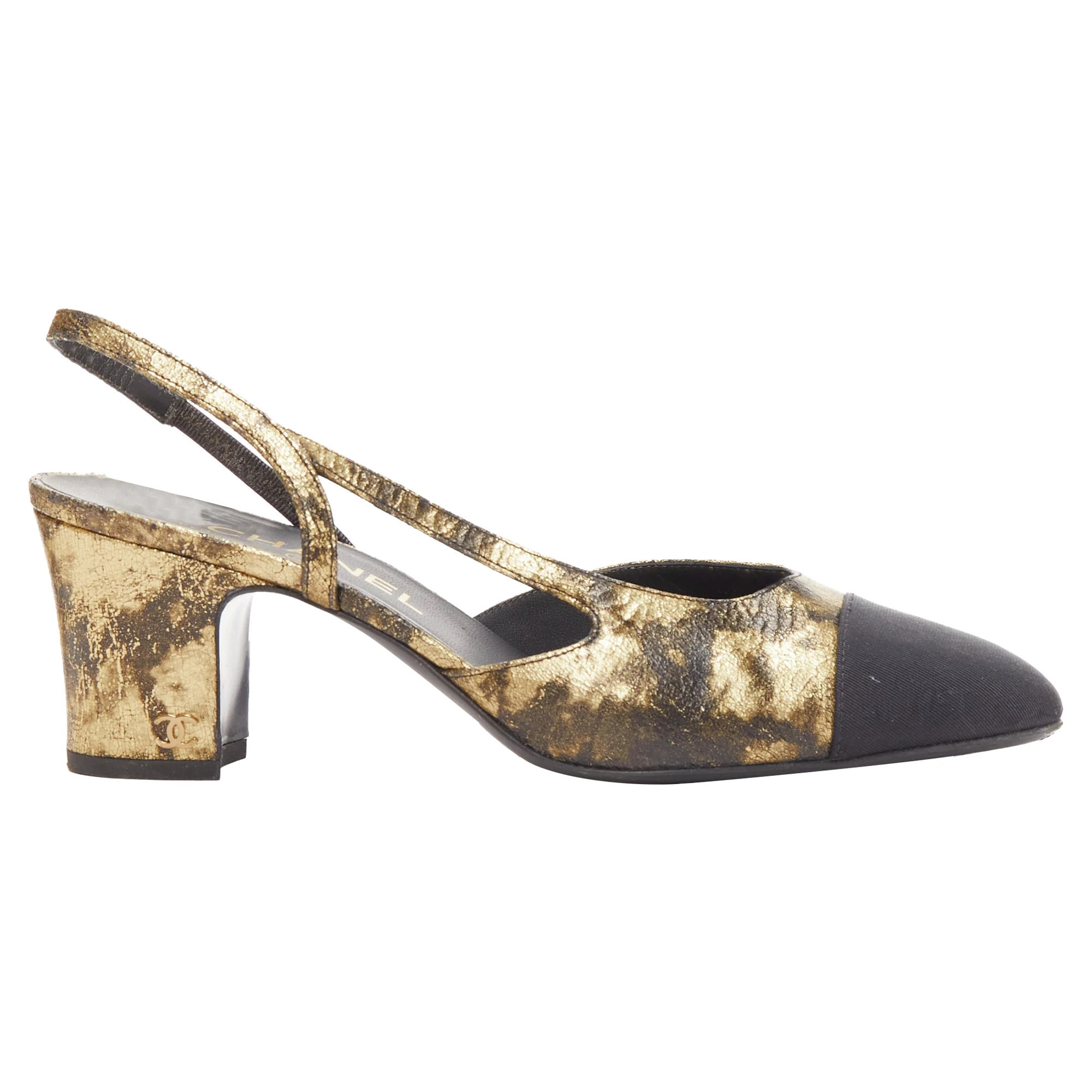 Chanel g black calfskinleather CC toe cap sling kitten pumps | Shop Simon