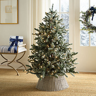 Prelit Flocked White Fir Tree & Handwoven Rattan Basket with 200 Lights | Ballard Designs, Inc.