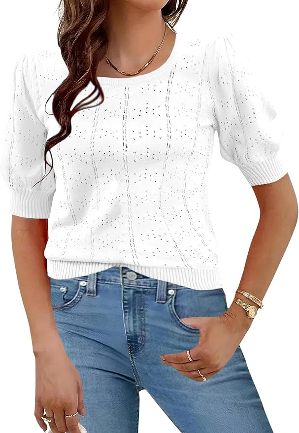 HOTOUCH Sweater for Women 2024 Fall Trendy Puff Tops Casual Eyelet Knit Square Neck Tunic Shirt B... | Amazon (US)