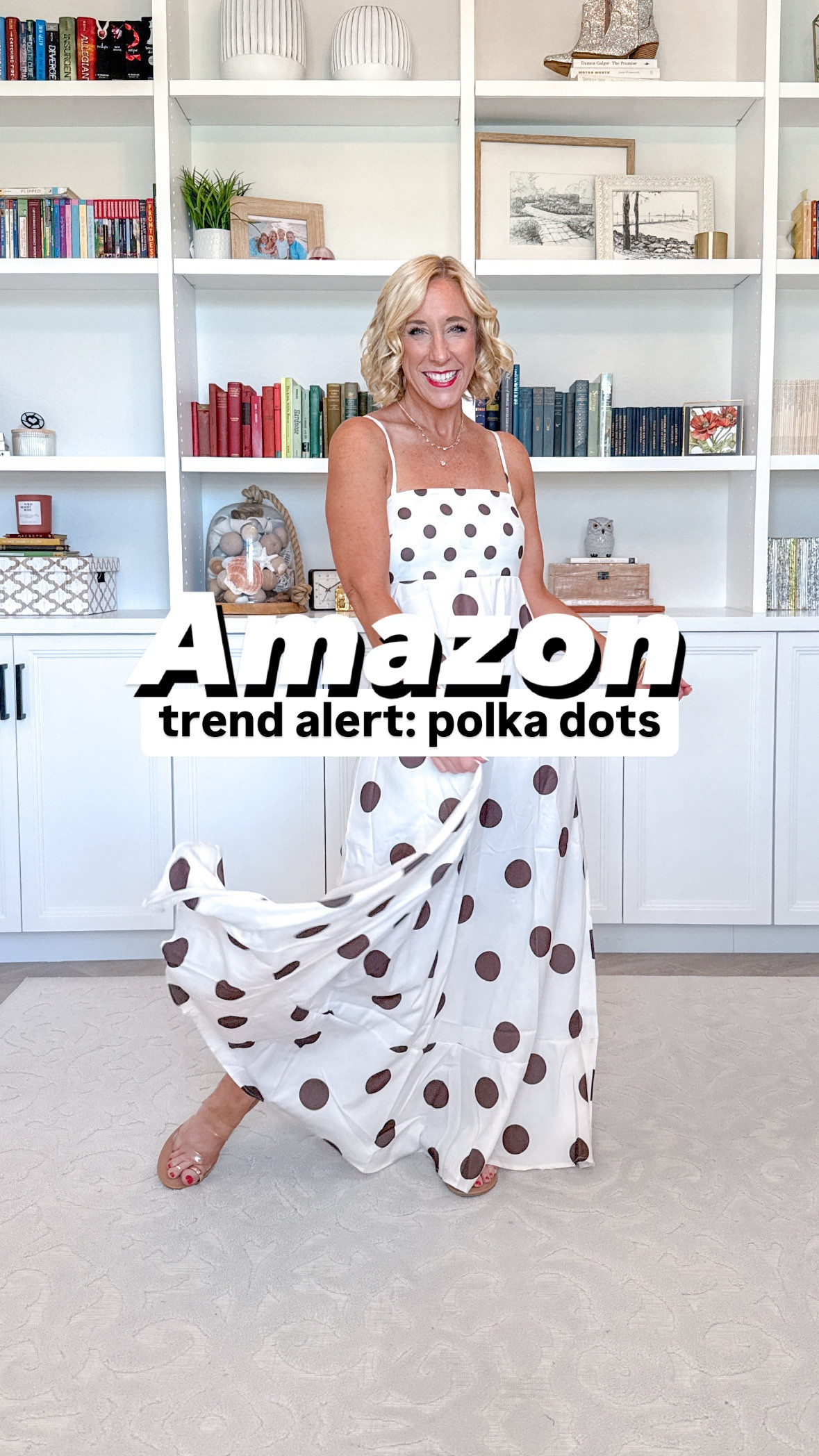Amazon - polka dots:
• navy polka dots chiffon dress (from beginning) - size small. Currently 51% off (not Amazon).
1. Smocked top maxi dress - size small. “Oatmeal” base with black dots.
2. Spaghetti strap maxi dress - size small. Off white with brown dots. 
3. Cotton poplin maxi skirt - size a small, but runs big (needs a size down). Lined, pockets, elastic skirt. 
4. Fitted denim vest - size small (color is “wash blue”). Has stretch and comes in other colors too. 
• black tank - size small. 
• sandals - tts.

#LTKFindsUnder50 #LTKSeasonal #LTKOver40