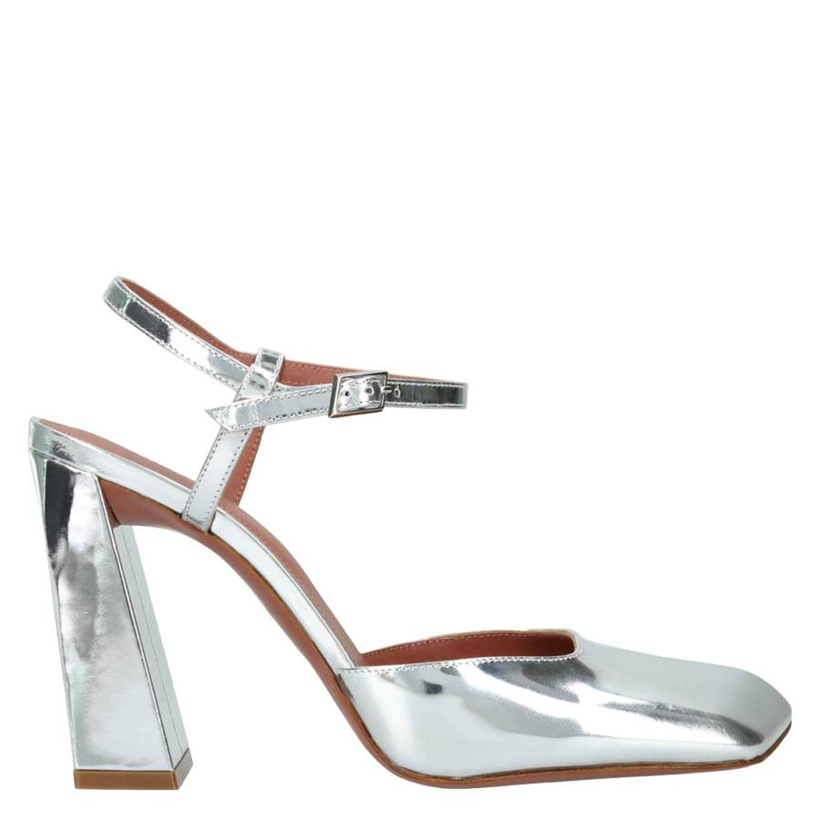 Amina Muaddi Ladies Silver Charlotte 95 mm Mirrored Leather Pumps | Jomashop.com & JomaDeals.com
