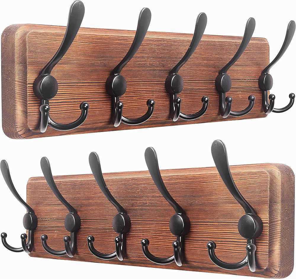 Dseap Coat Rack Wall Mounted - 5 Tri Hooks, Heavy Duty, Wooden Wall Coat Hanger Coat Hook for Clo... | Amazon (US)
