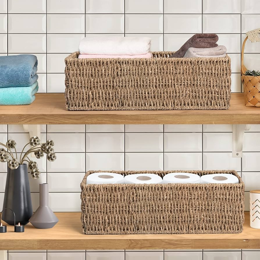 Hand-Woven Storage Baskets, Decorative Seagrass Baskets for Paper Towel Organizing, 14.9"L x 6.3"... | Amazon (US)