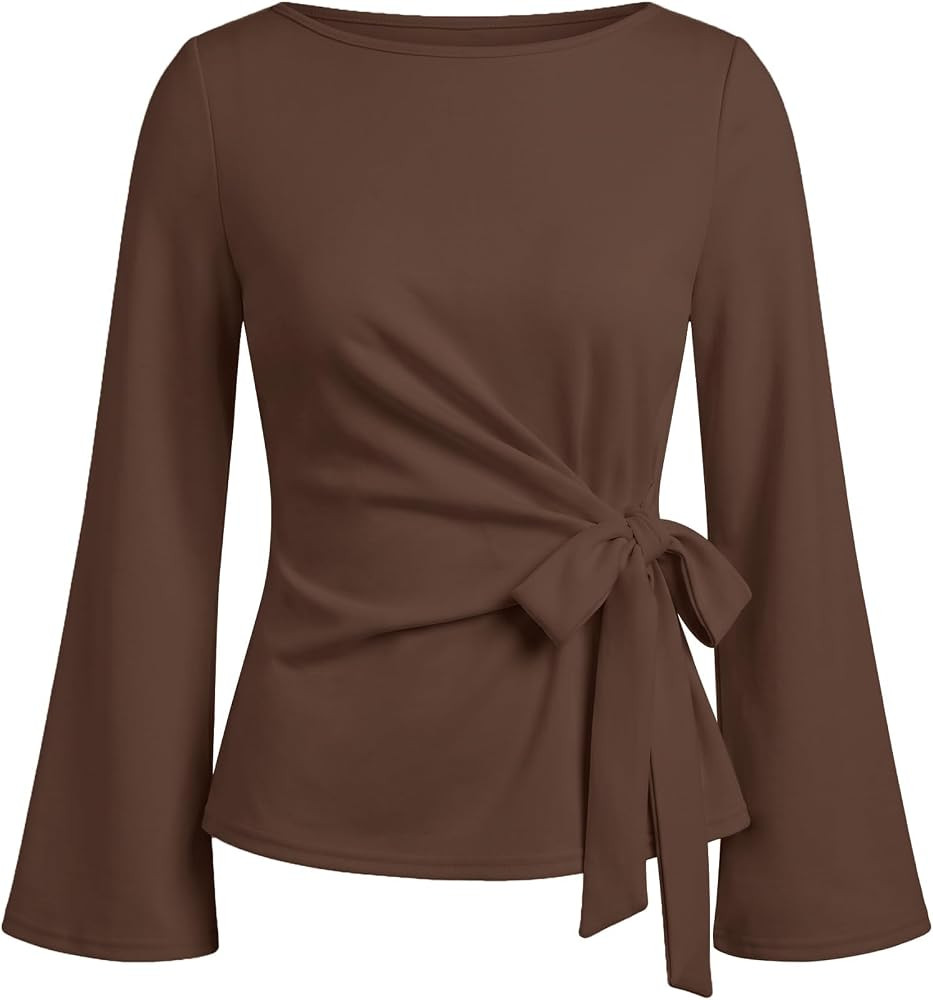Tie Front Bell Long Sleeve Wrap Cinched Waist Tops Work Blouses | Amazon (US)