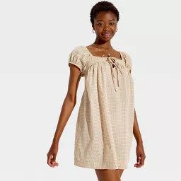 Women's Short Puff Sleeve Trapeze Mini Dress - Wild Fable\u2122 Tan Plaid M | Target