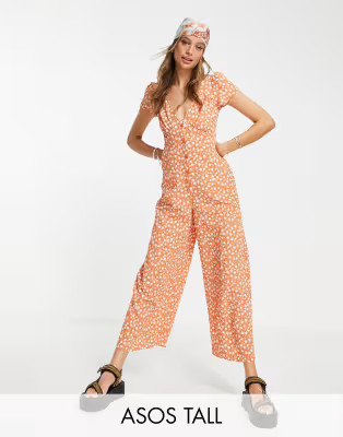 ASOS DESIGN Tall bubble crepe cap sleeve tea button front jumpsuit in orange floral | ASOS (Global)