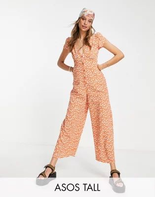 ASOS DESIGN Tall bubble crepe cap sleeve tea button front jumpsuit in orange floral | ASOS (Global)