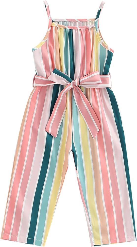 VISGOGO Summer Fashion Kids Girls Jumpsuits Pants Colorful Striped Printed Sleeveless Playsuits with | Amazon (US)