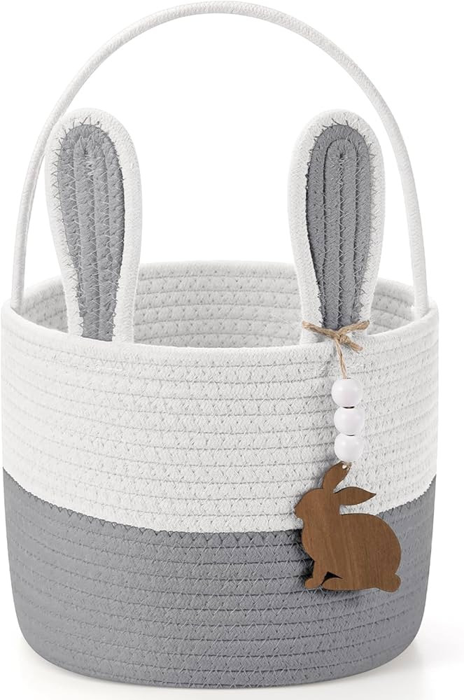 Easter Baskets Easter Bunny Basket with Name Tag Rabbit Ear Basket Rustic Woven Round Blanket Sto... | Amazon (US)