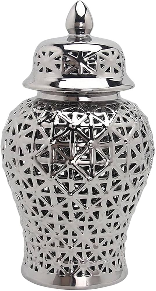 Milageto Ceramic Countertop Hollow Out Ginger Jar Pot Desktop Ornaments Elegant Atif Flower Holder Organizer, Silver 19cmx36cm, other | Amazon (US)