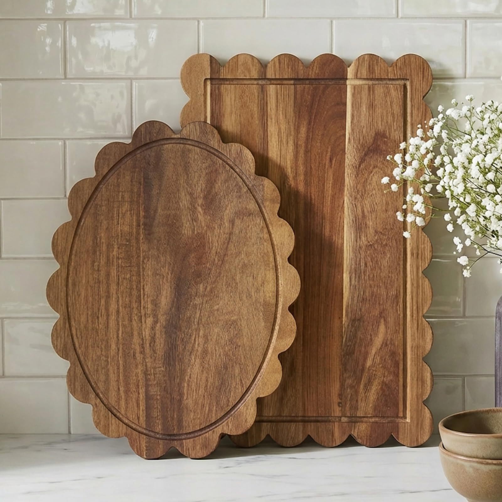 2 Pcs Acacia Wood Scalloped Cutting Boards Set, Wooden Decorative Cutting Boards for Cottagecore ... | Amazon (US)