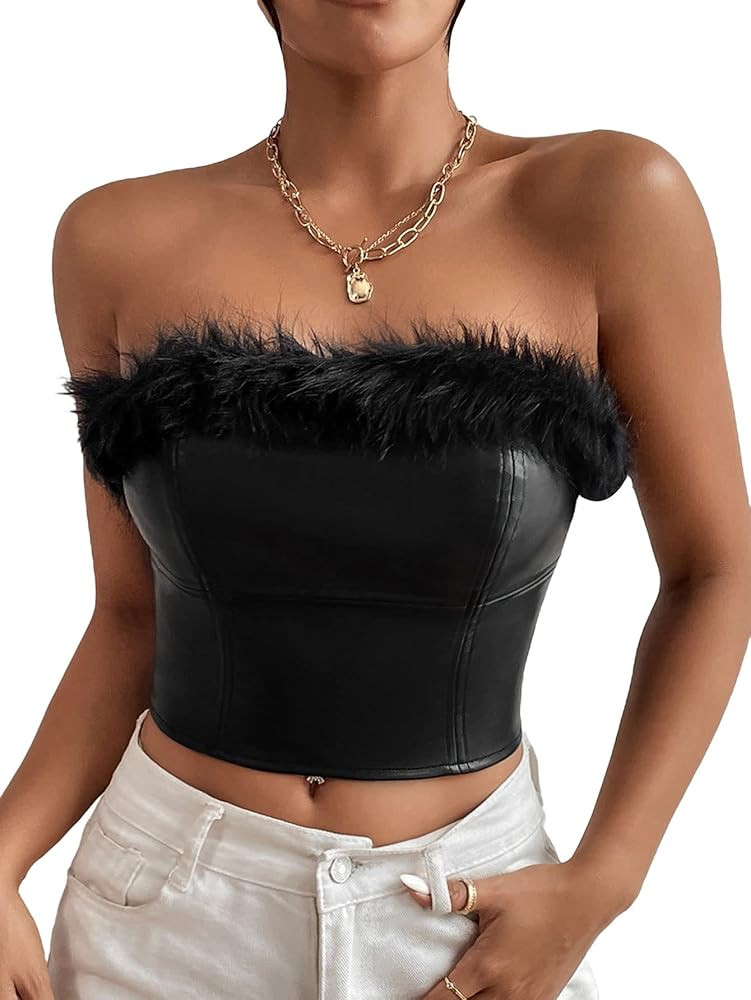 GORGLITTER Women's Faux Fur PU Leather Crop Top Zip Back Sleeveless Tube Top Bandeau | Amazon (US)