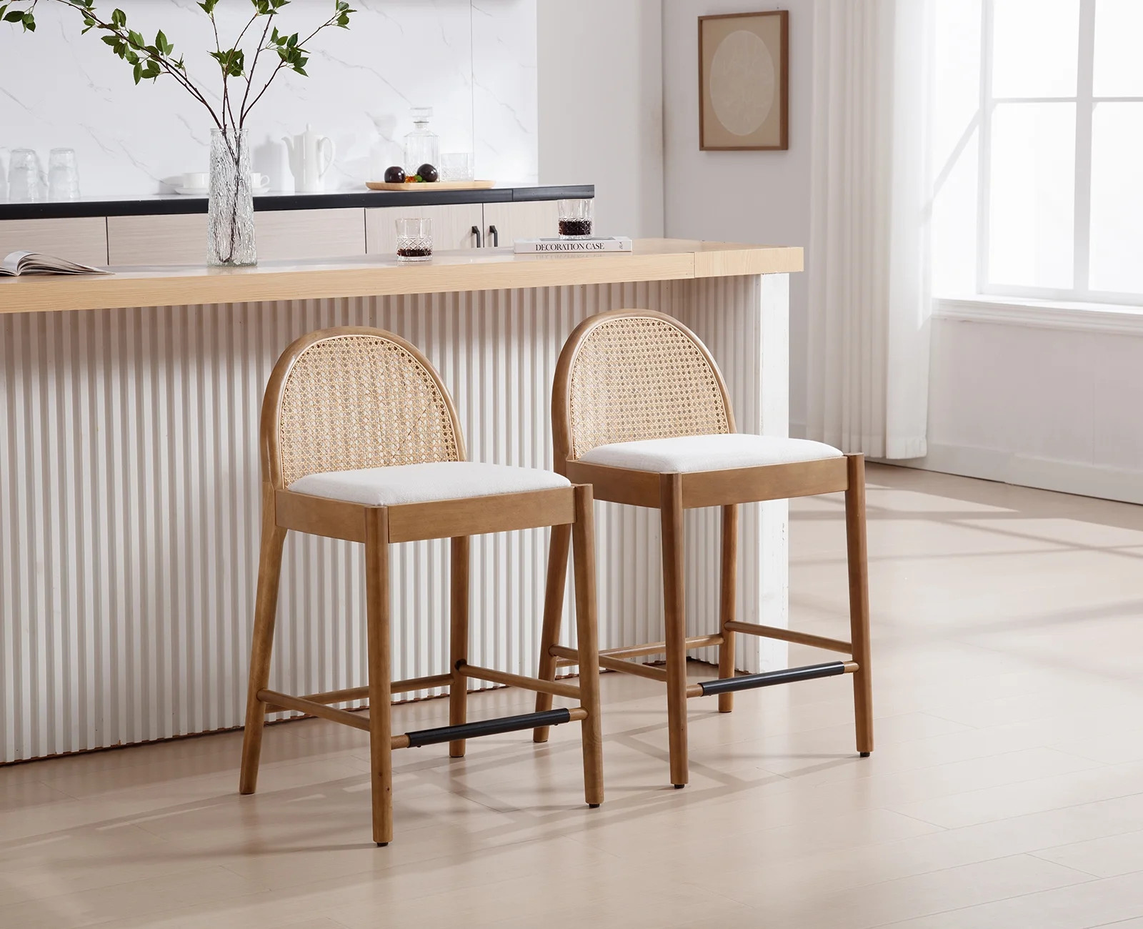 Guyou Modern Bar Stools Set of 2, 26" Counter Height Bar Stools with Natural Rattan Back and Soli... | Walmart (US)