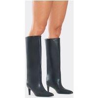 Tea Pointed Toe Knee High Heeled Boot In Black Faux Leather, Women's Size UK 4 | EGO (UK)