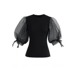 Organza Bubble Sleeves Knit Top in Black | Chicwish