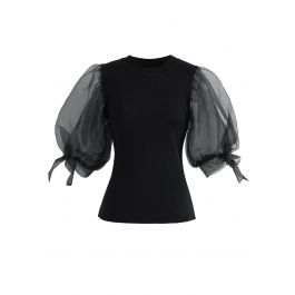 Organza Bubble Sleeves Knit Top in Black | Chicwish