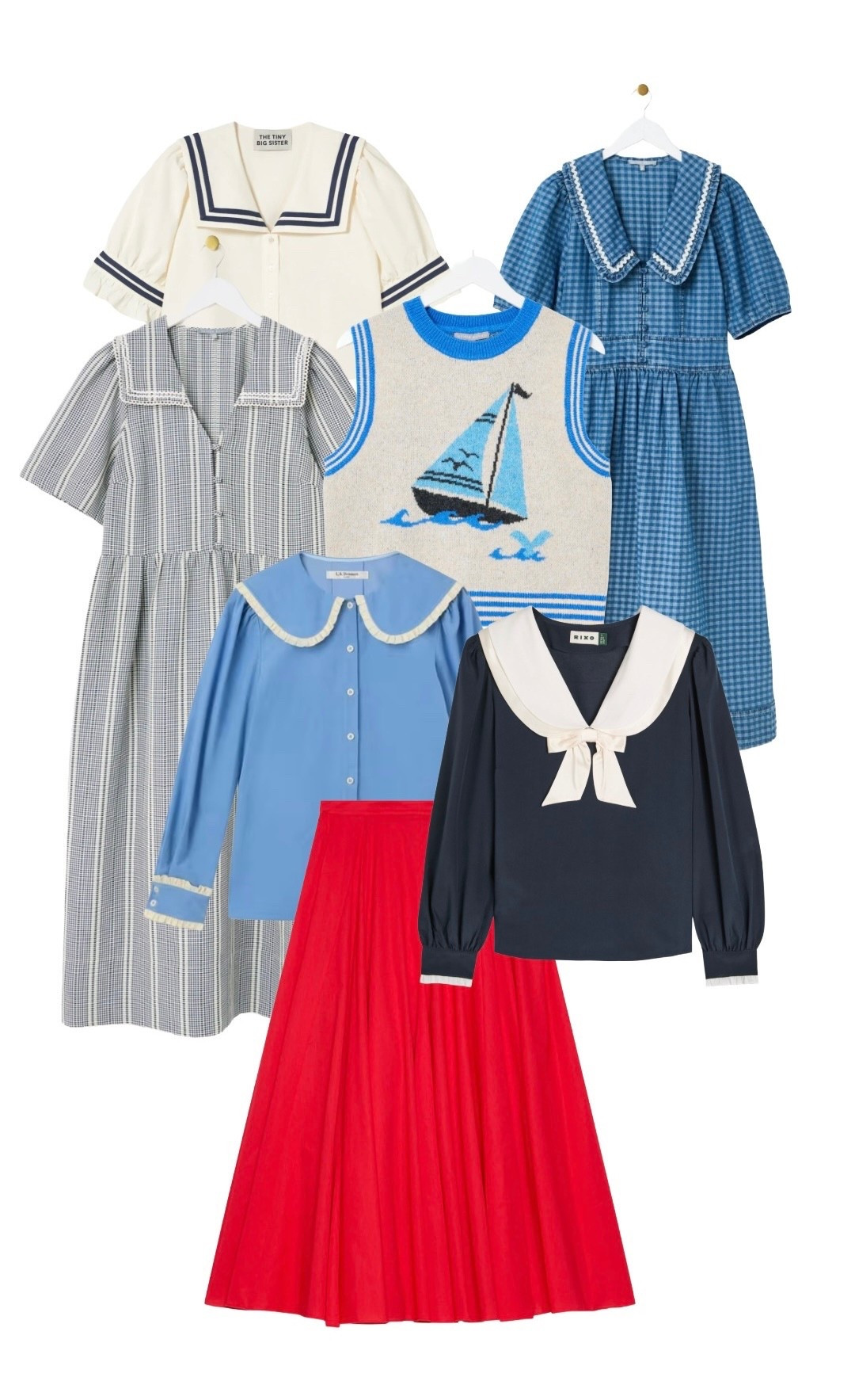 Hello Sailor ⚓️ Monday Blues 🌊 with a pop of RED ❤️ Here are some fab new nautical pieces for your spring summer wardrobe - mix and match here we come! See the full product list for more ideas!

Navy / white + blue Gingham Dresses and nautical knitted tank - Oliver Bonas

Red Midi Skirt - Mint Velvet (also available in white, register to be notified when red is in stock )

Navy Elmer Blouse - Rixo (register to gain access to sale / outlet)

Blue Corduroy Blouse - LK Bennett clearance sale from John Lewis

White stripes sailor  blouse (top left) - Tiny Big Sister 

#LTKuk #LTKspringtrends #LTKspring