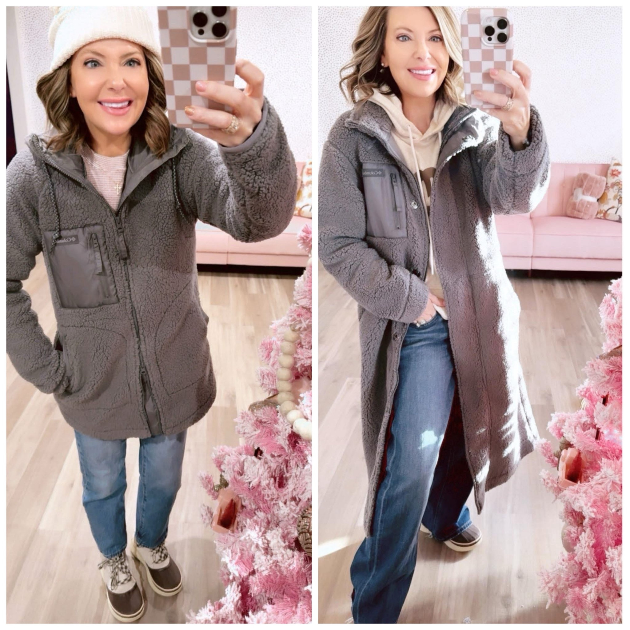These are the 2 Columbia jackets that I ordered. It’s definitely a little long on me and will look amazing if you are a little taller, but I still love it!  💗If you saw me share the shorter Sherpa jacket, this is just the longer version! On sale! Size down!  Sign in to get free shipping! 🙌 Also my scarf is 50% OFF and free ship! 

Ps, I actually love the jacket with these wide leg jeans. It’s kind of giving a more chill vibe. ✌️