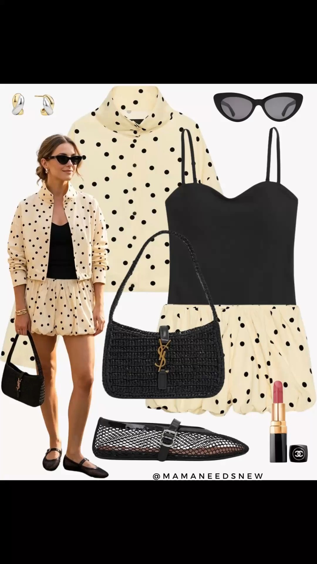 A late spring to summer outfit with an matching polka dot jacket and shorts set, bodysuit, raffia shoulder bag and mesh Maryjane flats 💛🖤

#LTKSaleAlert #LTKSeasonal #LTKootd