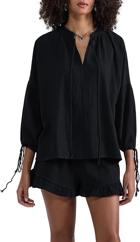 Mxiqqpltky Linen Shorts Sets Women 2 Piece Outfits Long Sleeve Tie Front Tops and Ruffled Boxer S... | Amazon (US)