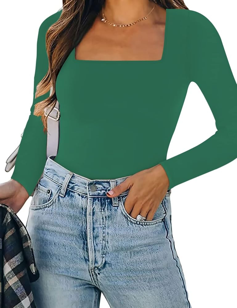 SAUNGKUAI Women's Short Sleeves Long Sleeve Square Neck Thong Bodysuit Tops | Amazon (US)