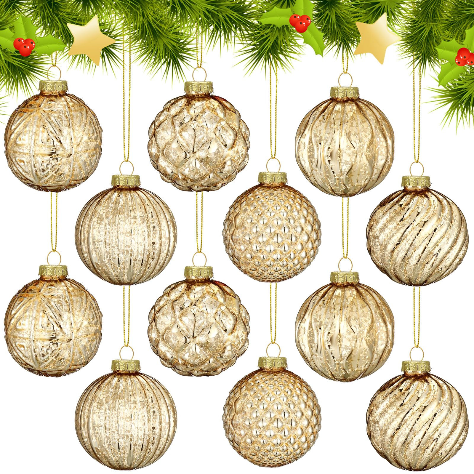 Jenaai 12 Pcs 2.36 Inch Gold Glass Christmas Ball Ornaments Vintage Christmas Tree Decorations Me... | Amazon (US)