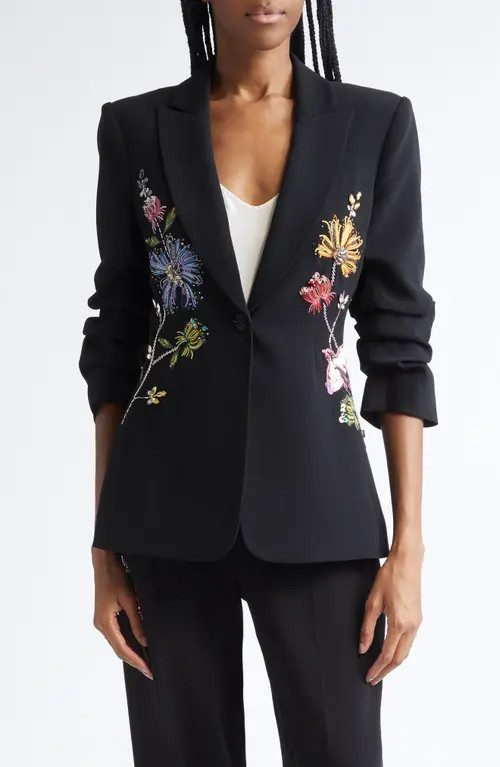 Cinq à Sept Sequin Floral Scrunched Sleeve Blazer in Black/multi at Nordstrom, Size 14 | Nordstrom