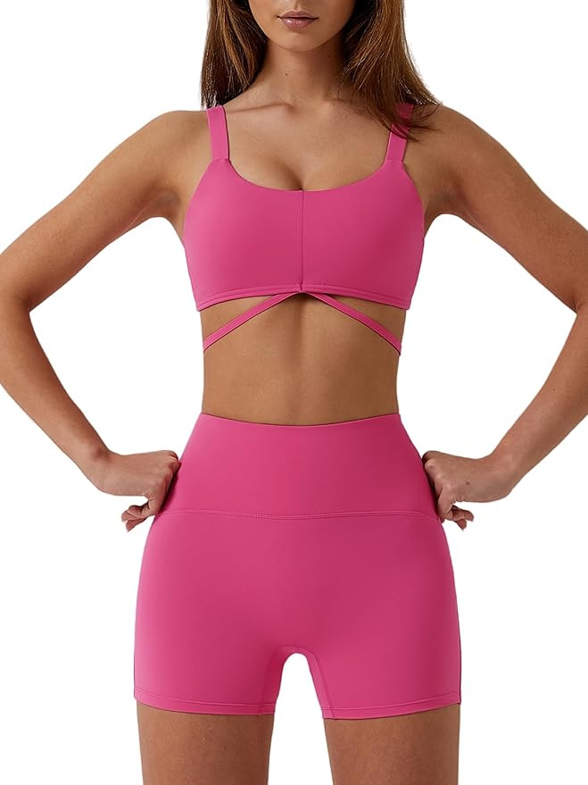 ABOCIW Workout Sets for Women 2 Piece Twist Front Halter Sports Bras High Waist Biker Shorts Exer... | Amazon (US)