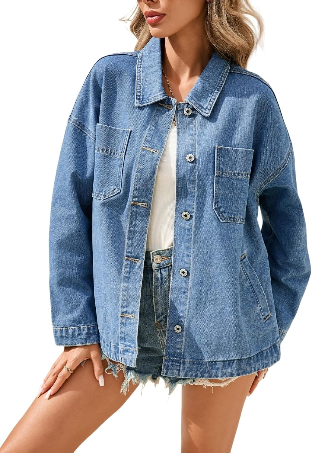 Denim Jacket for Women Button Down Jean Jacket Oversized Shacket with Pockets | Amazon (US)