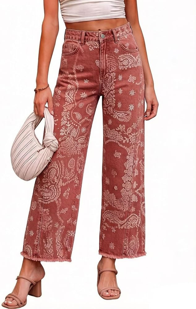 CHARTOU Women High Waisted Wide Leg Jeans Casual Stretchy Raw Hem Cropped Denim Pants | Amazon (US)