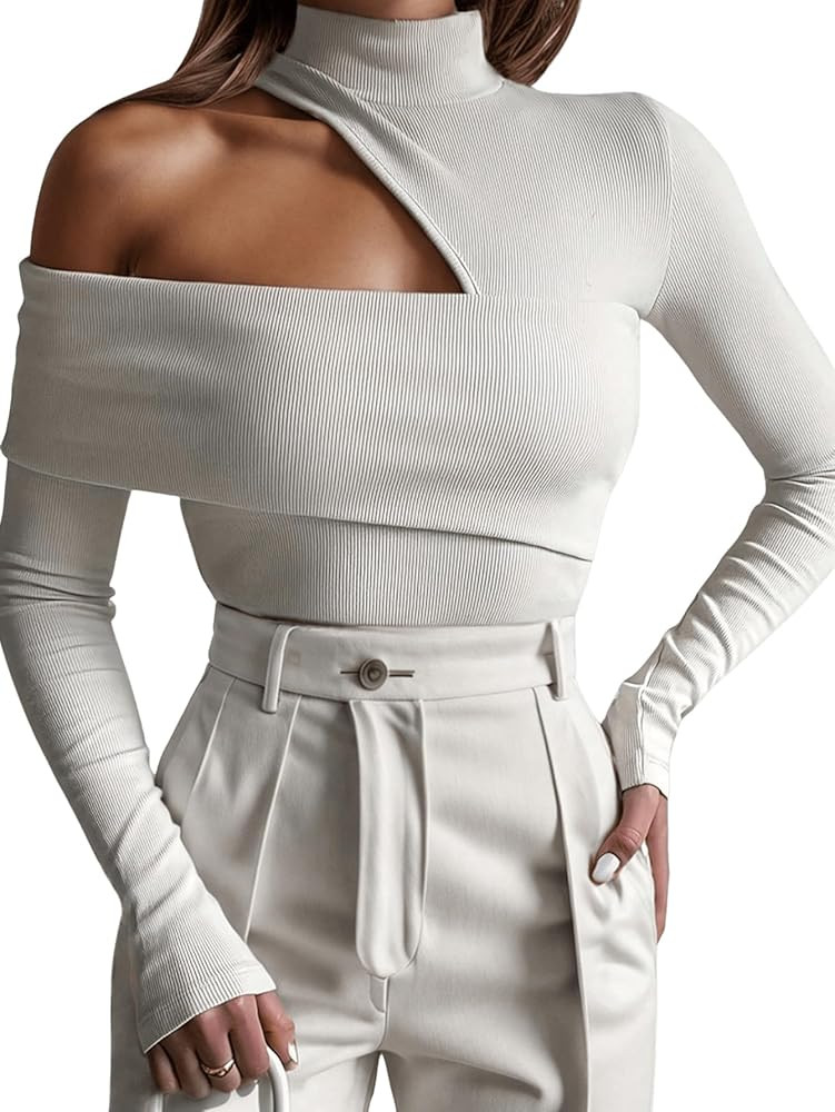 Floerns Women's Asymmetrical Cold Shoulder Mock Neck Hollow Out Long Sleeve Cut Out Tee Top | Amazon (US)