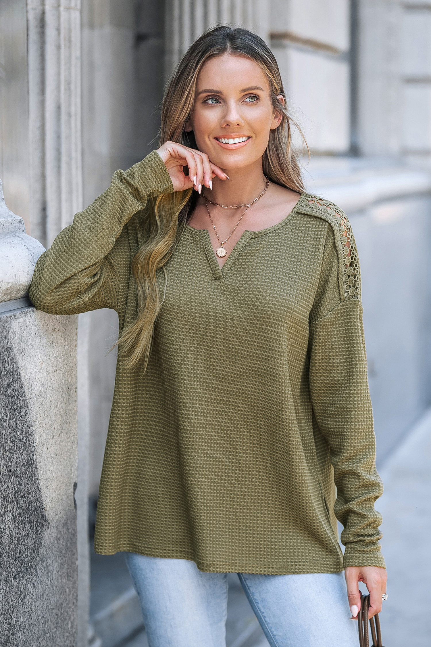 Green Knit Notched Neck Long Sleeve Top | Cupshe US