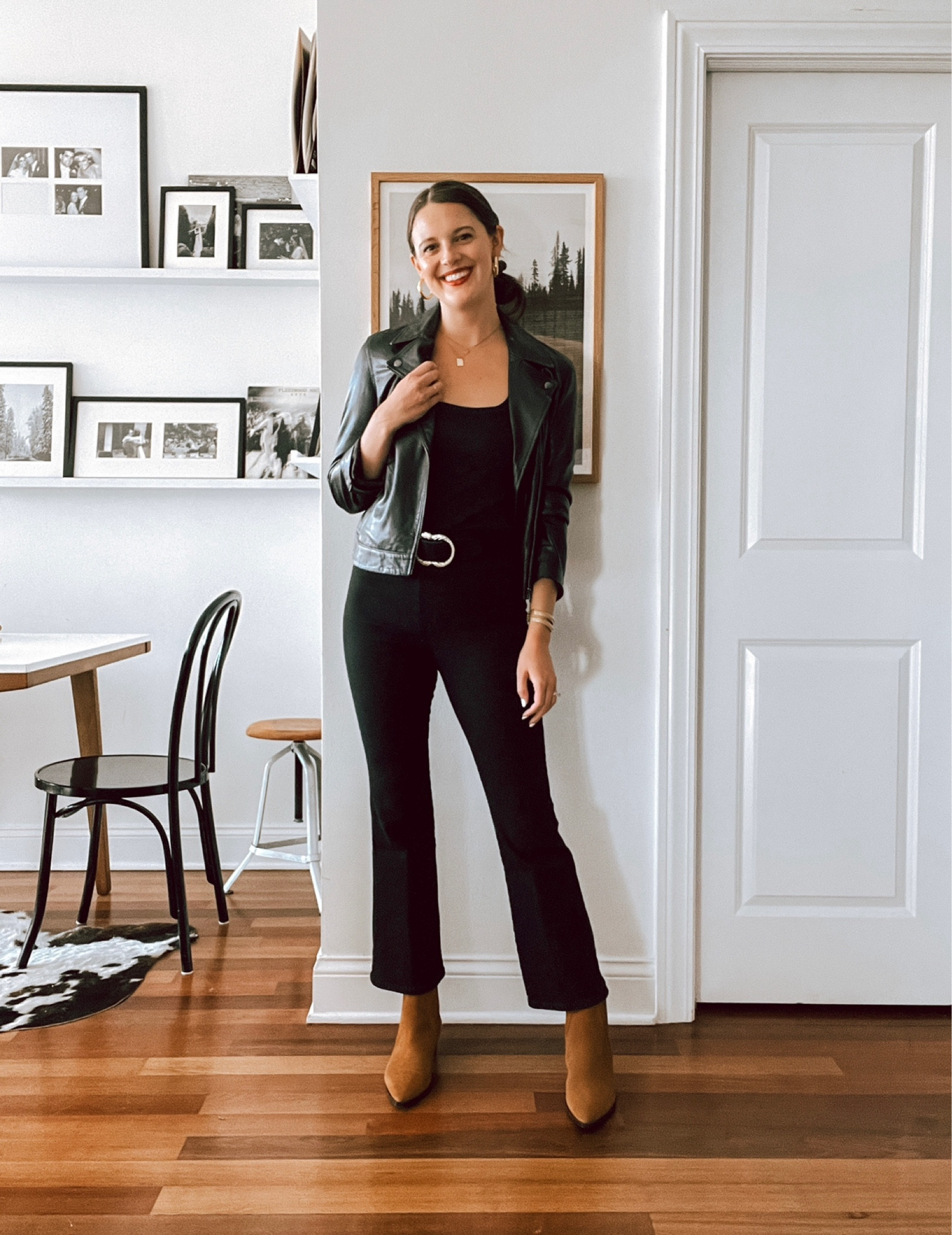 Pants TTS (refer to size chart), leather jacket is ABLE (not linked but google “able Maha jacket” and use code JESSKEYS15 for 15% off! Jacket is TTS but I prefer a size up-medium-for a relaxed fit) boots TTS. For belt sizing measure your waist and refer to size chart! 